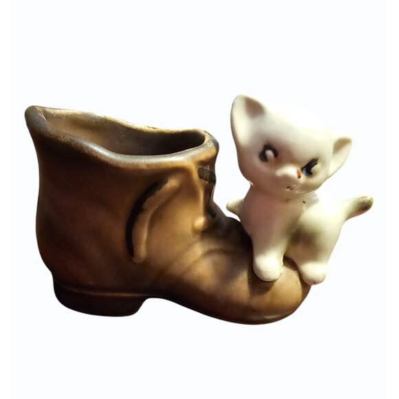 Antique Mid Century Enesco Kitten on Boot Mini Planter Toothpick Holder Trinket - Picture 3 of 11